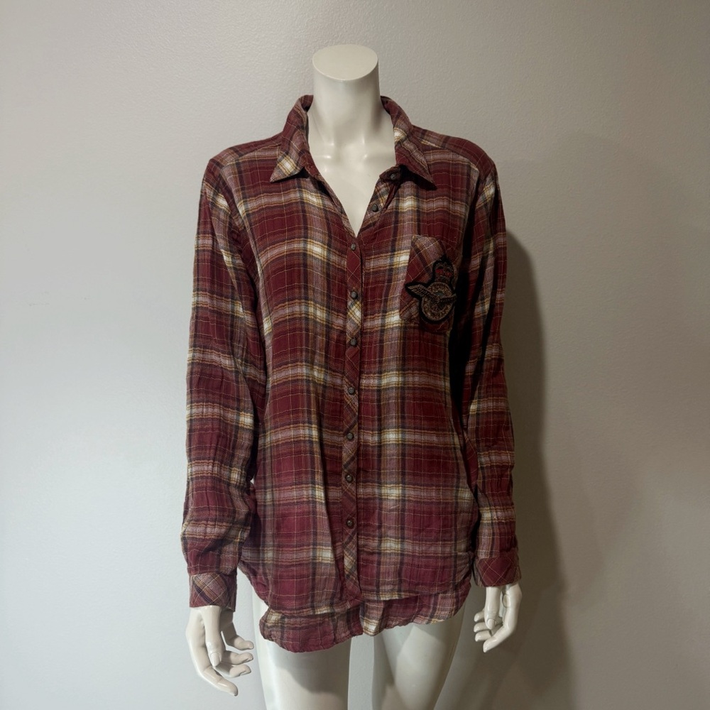 Aratta Silent Journey Heart Breaker Gauzy Plaid & Roses Burnout Shirt Size Med - Picture 5 of 11